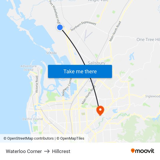 Waterloo Corner to Hillcrest map