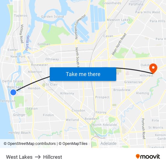 West Lakes to Hillcrest map