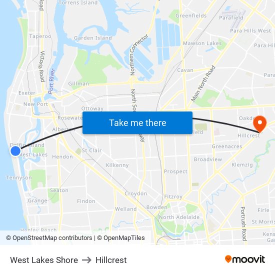 West Lakes Shore to Hillcrest map