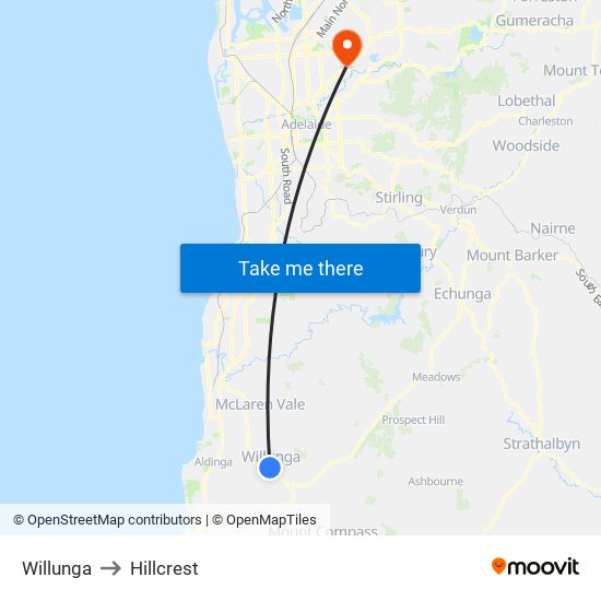 Willunga to Hillcrest map
