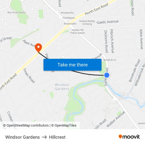 Windsor Gardens to Hillcrest map