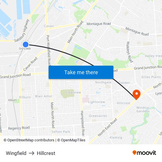 Wingfield to Hillcrest map