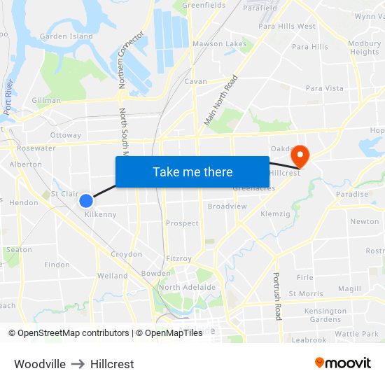 Woodville to Hillcrest map