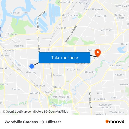 Woodville Gardens to Hillcrest map