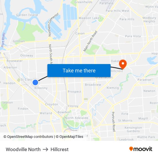 Woodville North to Hillcrest map