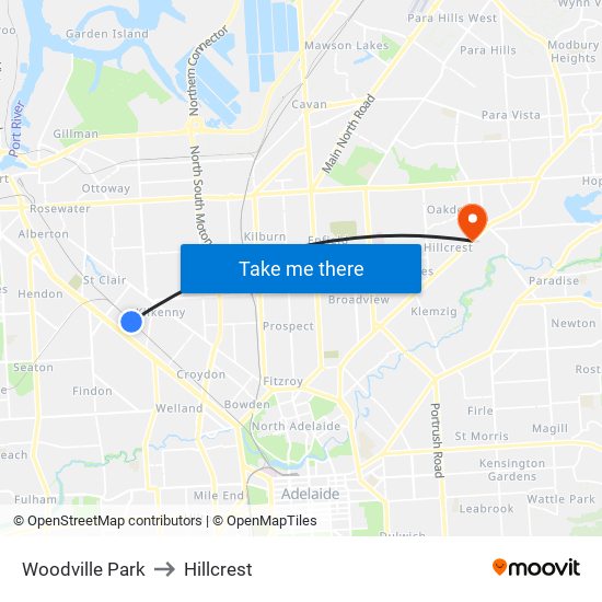 Woodville Park to Hillcrest map