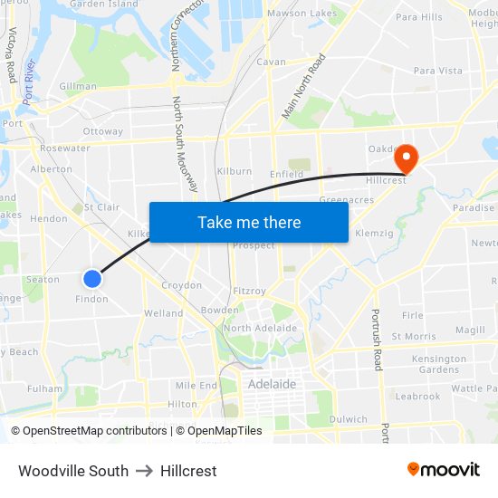 Woodville South to Hillcrest map