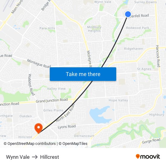 Wynn Vale to Hillcrest map