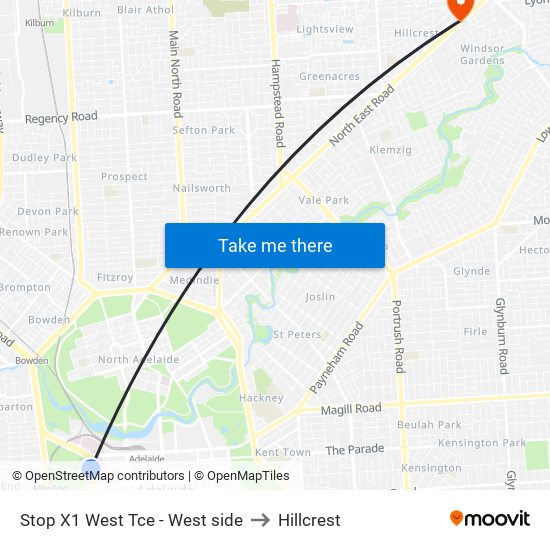 Stop X1 West Tce - West side to Hillcrest map