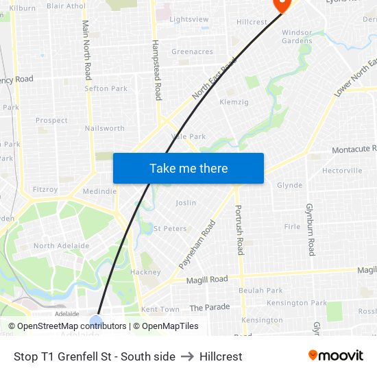 Stop T1 Grenfell St - South side to Hillcrest map