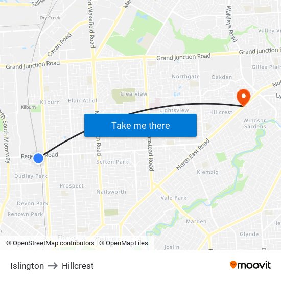 Islington to Hillcrest map