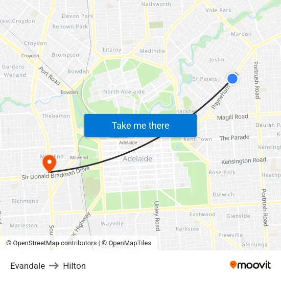 Evandale to Hilton map