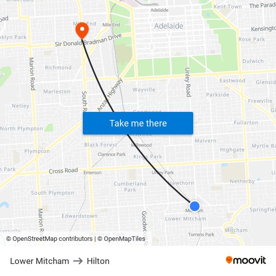 Lower Mitcham to Hilton map