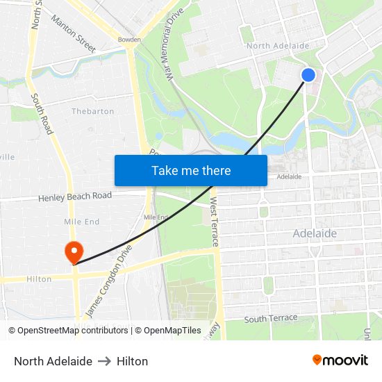 North Adelaide to Hilton map