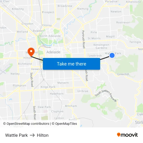 Wattle Park to Hilton map