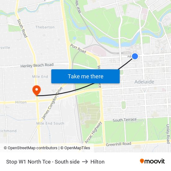 Stop W1 North Tce - South side to Hilton map