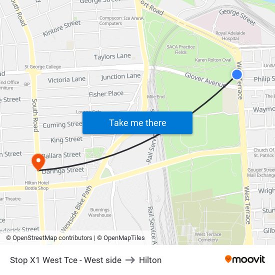 Stop X1 West Tce - West side to Hilton map
