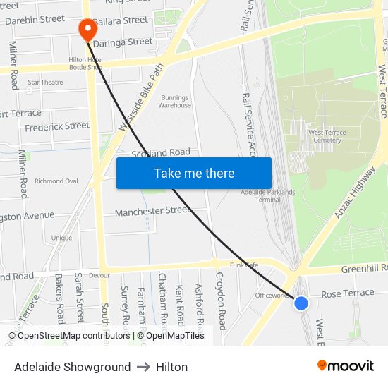 Adelaide Showground to Hilton map