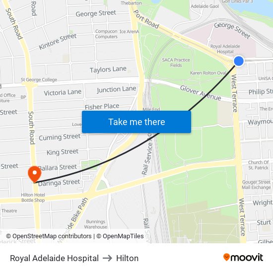 Royal Adelaide Hospital to Hilton map