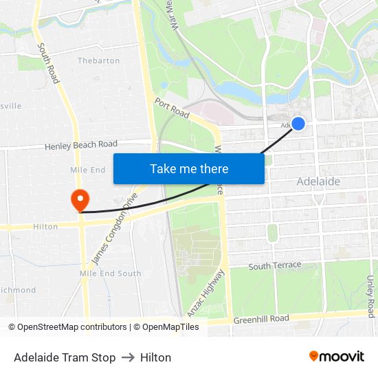 Adelaide Tram Stop to Hilton map