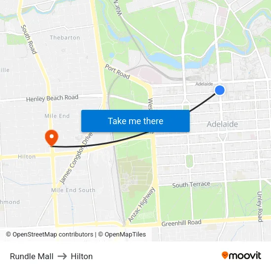 Rundle Mall to Hilton map