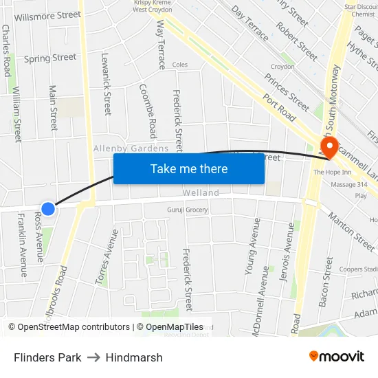 Flinders Park to Hindmarsh map