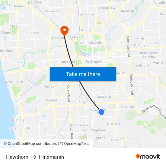 Hawthorn to Hindmarsh map