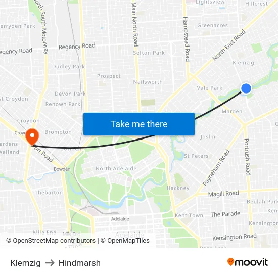 Klemzig to Hindmarsh map