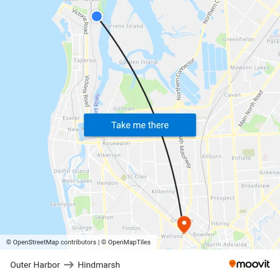 Outer Harbor to Hindmarsh map