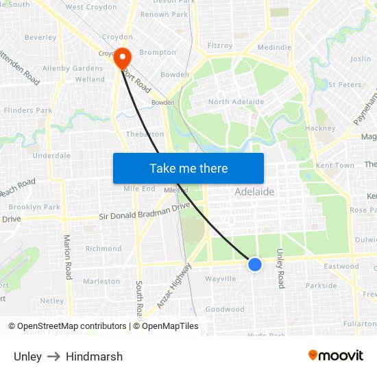 Unley to Hindmarsh map