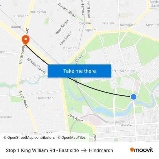 Stop 1 King William Rd - East side to Hindmarsh map