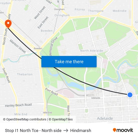 Stop I1 North Tce - North side to Hindmarsh map