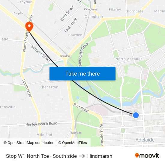 Stop W1 North Tce - South side to Hindmarsh map