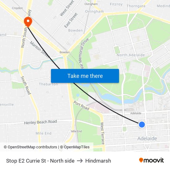Stop E2 Currie St - North side to Hindmarsh map