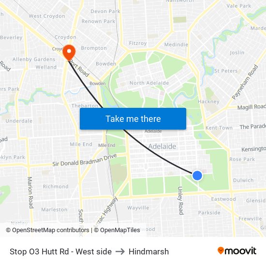 Stop O3 Hutt Rd - West side to Hindmarsh map