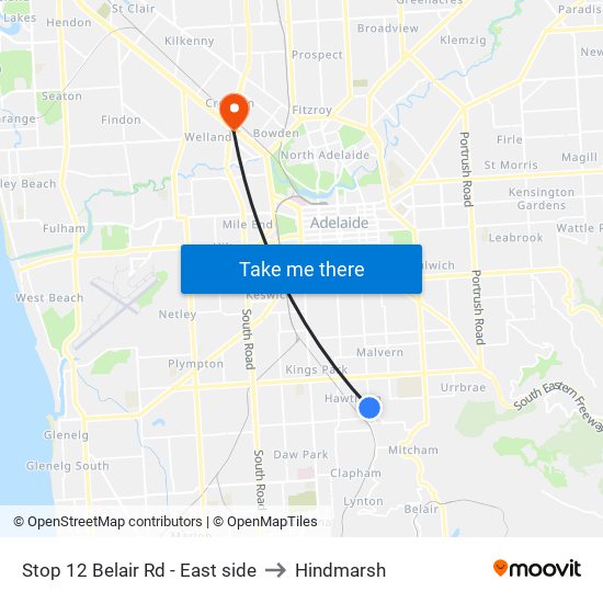 Stop 12 Belair Rd - East side to Hindmarsh map