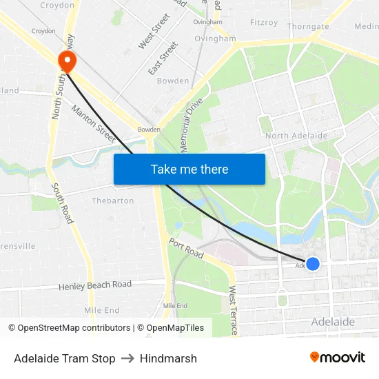 Adelaide Tram Stop to Hindmarsh map