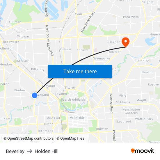 Beverley to Holden Hill map