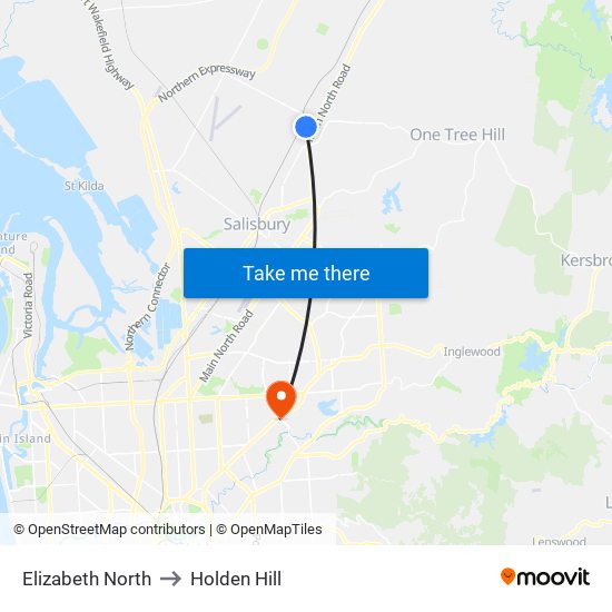 Elizabeth North to Holden Hill map