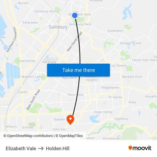 Elizabeth Vale to Holden Hill map