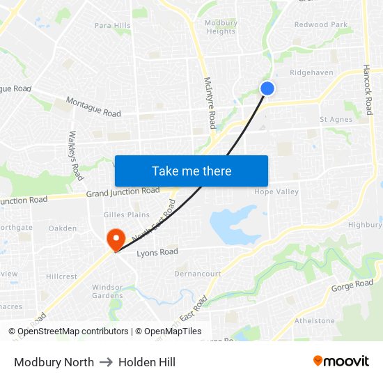 Modbury North to Holden Hill map