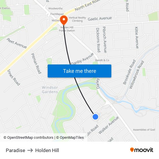 Paradise to Holden Hill map