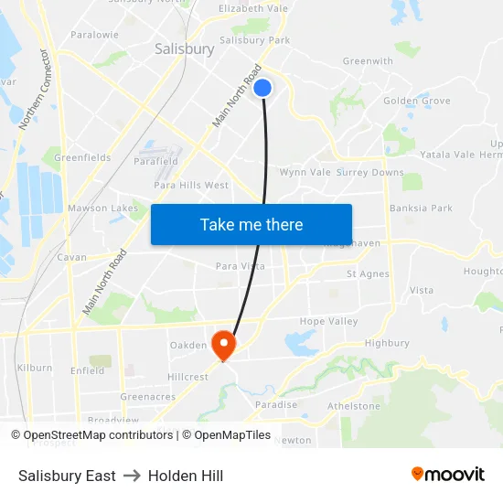 Salisbury East to Holden Hill map