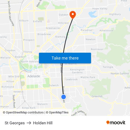 St Georges to Holden Hill map