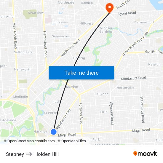 Stepney to Holden Hill map