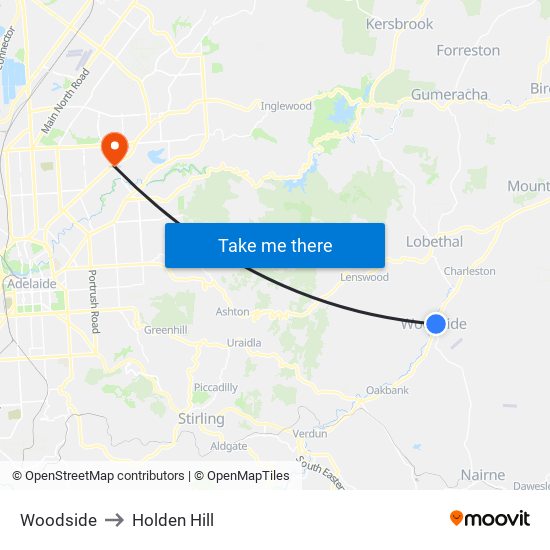 Woodside to Holden Hill map