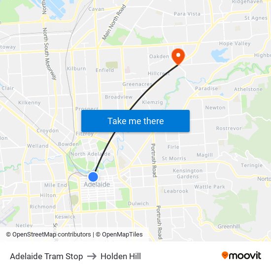 Adelaide Tram Stop to Holden Hill map