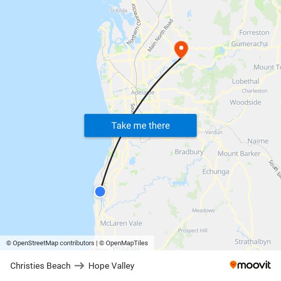 Christies Beach to Hope Valley map