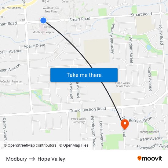 Modbury to Hope Valley map