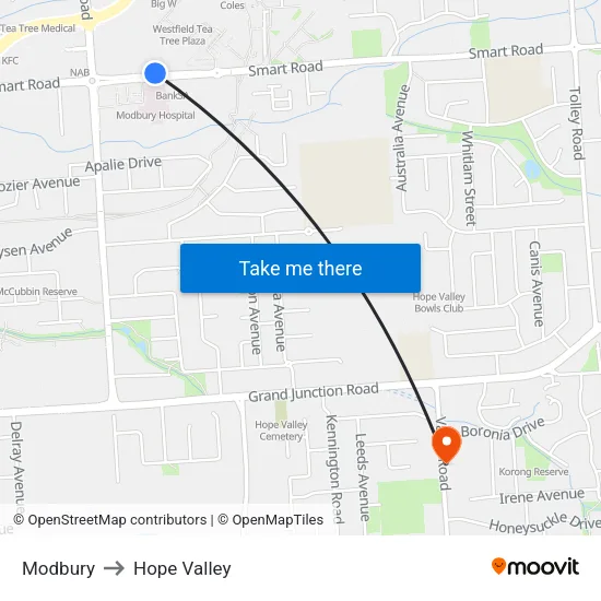 Modbury to Hope Valley map